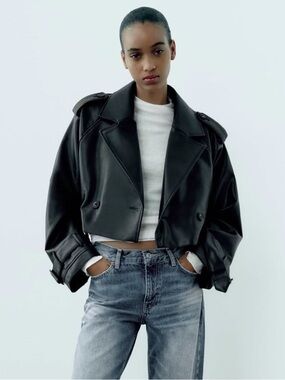 NWT Zara Cropped Faux Leather Double-Breasted trench coat